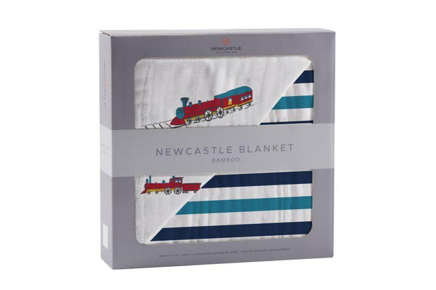 Vintage Steam Trains and Blue Stripe Bamboo Muslin Newcastle Blanket - Little Luxurious Store