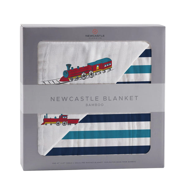 Vintage Steam Trains and Blue Stripe Bamboo Muslin Newcastle Blanket - Little Luxurious Store