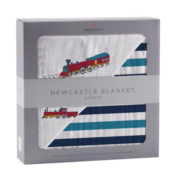 Vintage Steam Trains and Blue Stripe Bamboo Muslin Newcastle Blanket - Little Luxurious Store