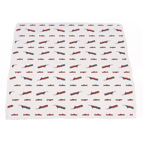Vintage Steam Trains and Blue Stripe Bamboo Muslin Newcastle Blanket - Little Luxurious Store