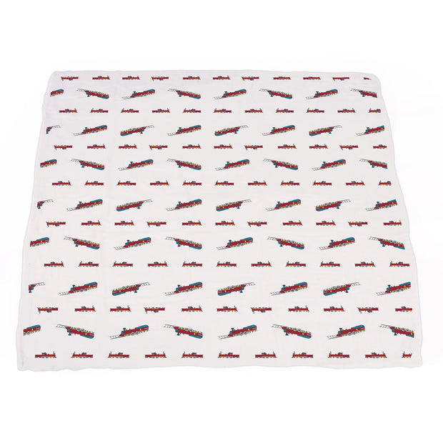 Vintage Steam Trains and Blue Stripe Bamboo Muslin Newcastle Blanket - Little Luxurious Store