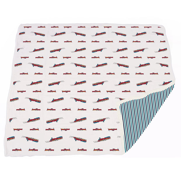 Vintage Steam Trains and Blue Stripe Bamboo Muslin Newcastle Blanket - Little Luxurious Store