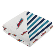 Vintage Steam Trains and Blue Stripe Bamboo Muslin Newcastle Blanket - Little Luxurious Store