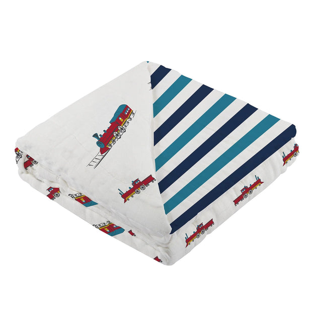 Vintage Steam Trains and Blue Stripe Bamboo Muslin Newcastle Blanket - Little Luxurious Store